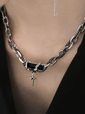 Men's Double Layered Twine Black Gem Cross Pendant Necklace