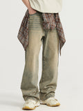 Mud-Dyed Distressed Wide-Leg Loose Jeans