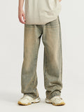 Mud-Dyed Distressed Wide-Leg Loose Jeans