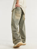 Mud-Dyed Distressed Wide-Leg Loose Jeans