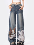 Puppy Doodle Print Boyfriend Jeans