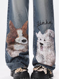 Puppy Doodle Print Boyfriend Jeans