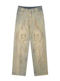 Washed Distressed Flame Patch Embroidery Loose Jeans