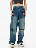 Retro Washed Distressed Cargo Jeans