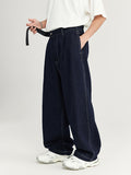 Topstitched Raw Color Wide Leg Loose Jeans