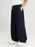 Topstitched Raw Color Wide Leg Loose Jeans