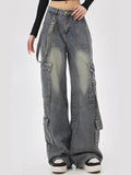 High Street Retro Workwear Denim Suspenders Cargo Jeans