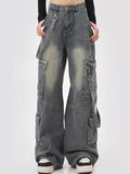 High Street Retro Workwear Denim Suspenders Cargo Jeans