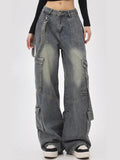 High Street Retro Workwear Denim Suspenders Cargo Jeans