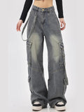 High Street Retro Workwear Denim Suspenders Cargo Jeans