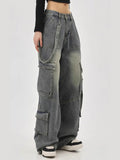 High Street Retro Workwear Denim Suspenders Cargo Jeans