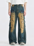 Retro Washed Distressed Multiple Pockets Cargo Jeans