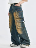 Retro Washed Distressed Multiple Pockets Cargo Jeans