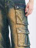 Retro Washed Distressed Multiple Pockets Cargo Jeans