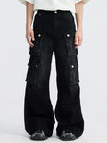 Retro Washed Distressed Multiple Pockets Cargo Jeans