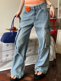 Washed Slimming Straight Wide Legs Cargo Jeans