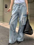 Washed Slimming Straight Wide Legs Cargo Jeans