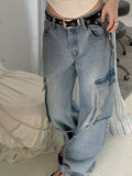 Washed Slimming Straight Wide Legs Cargo Jeans