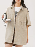 Retro Textured Patch Pocket Striped Workwear Short Sleeve