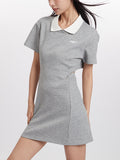 Polo Collar Embroidered Slimming Short Sleeves Mini Dress