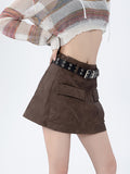 Solid Color Large Pocket Workwear College Style High Waist Mini Skirts