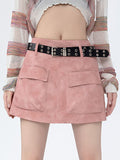 Solid Color Large Pocket Workwear College Style High Waist Mini Skirts