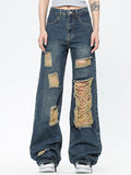 Zerrissene Jeans im amerikanischen Stil mit weitem Bein und Mop-Rippen