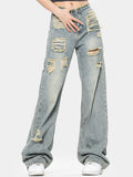 Washed Distressed Versatile Straight Leg Ripped Jeans