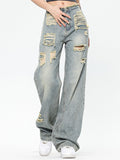 Washed Distressed Versatile Straight Leg Ripped Jeans