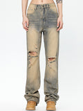 American Printing Dyeing Straight Yellow Mud Ripped Jeans