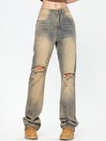 American Printing Dyeing Straight Yellow Mud Ripped Jeans