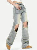 American Retro Straight Leg Exposed Knee Polished White Ripped Jeans