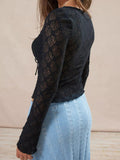 Lace Tie Front Shirred Long Sleeve Tee