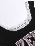 Lace Patchwork Letter Print Short Tank Top