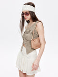 Pleated Drawstring Lace Slit Tank Top