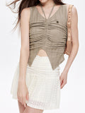 Pleated Drawstring Lace Slit Tank Top