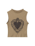 Retro Distressed Heart Shaped Print Tank Top