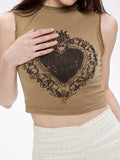 Retro Distressed Heart Shaped Print Tank Top