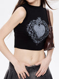 Retro Distressed Heart Shaped Print Tank Top