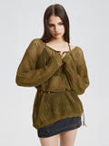 Plain V Neck Hollow Loose Long Sleeve Knits