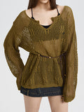 Plain V Neck Hollow Loose Long Sleeve Knits