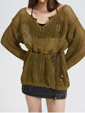 Plain V Neck Hollow Loose Long Sleeve Knits