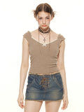 Lace Splicing Bow Slim Fit Short Sleeve Knits