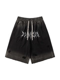 Men'S Washed Distressed Letter Printed Hole Shorts