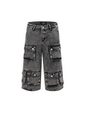 Men'S Washed Distressed Multi Pocket Denim Shorts