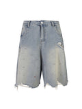 Men'S Washed Distressed Rhinestones Ripped Denim Shorts