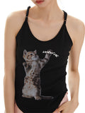 Schmal geschnittenes Tanktop mit Katzen-Fun-Print