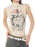 Collared Vintage Printed Knitted Slim Fit Tank Top