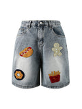 Men'S Denim Distressed Embroidery Straight Loose Shorts