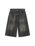 Men'S Washed Vintage Wide Leg Denim Shorts